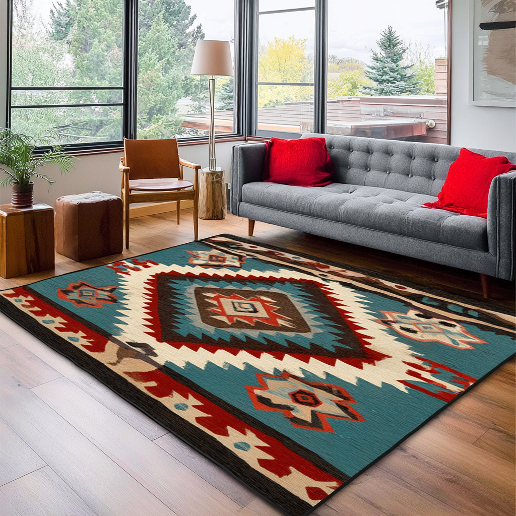 Desert Flame rug – red diamond on teal