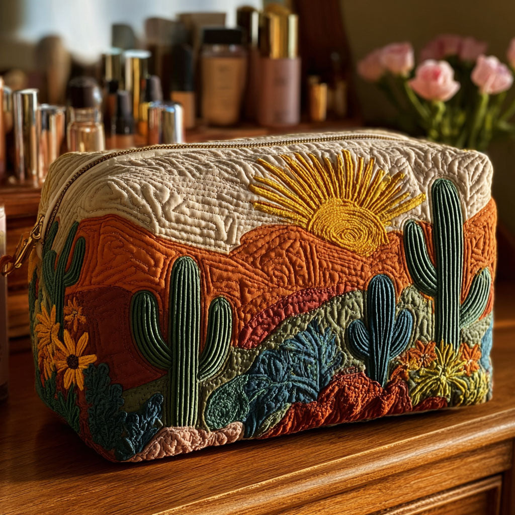 Desert Flora quilted make-up bag with saguaro cacti and wildflowers beneath a golden desert sun