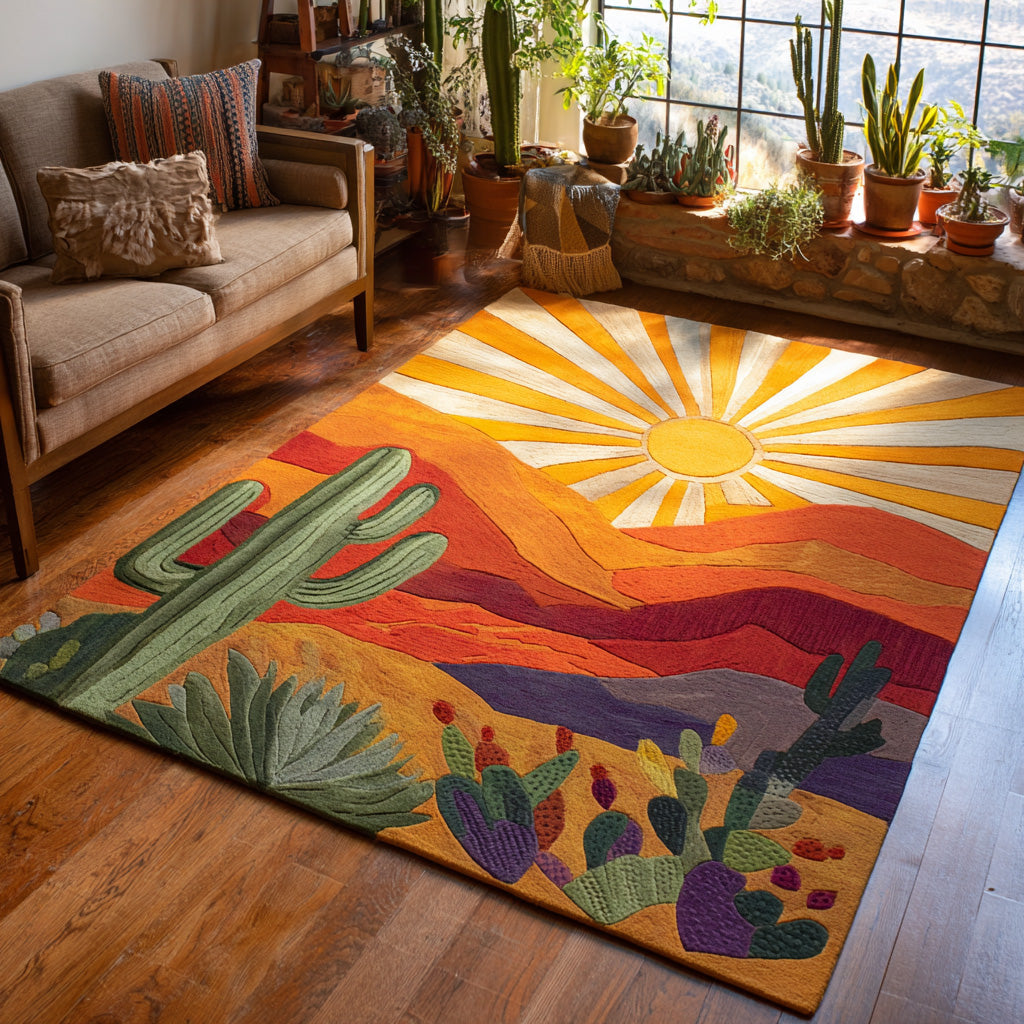 Sunset Cactus rug – cactus and sun rays