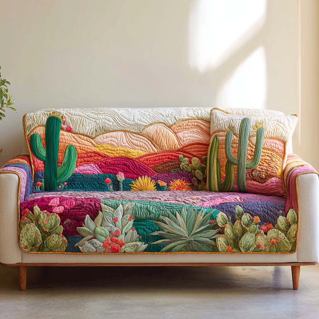 Painted Desert Garden quilted sofa cover – cacti before rainbow hills