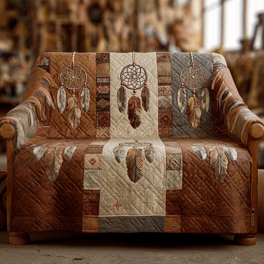 Rustic Dreamcatchers quilted sofa cover – dreamcatchers on brown and cream