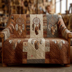 Rustic Dreamcatchers quilted sofa cover – dreamcatchers on brown and cream