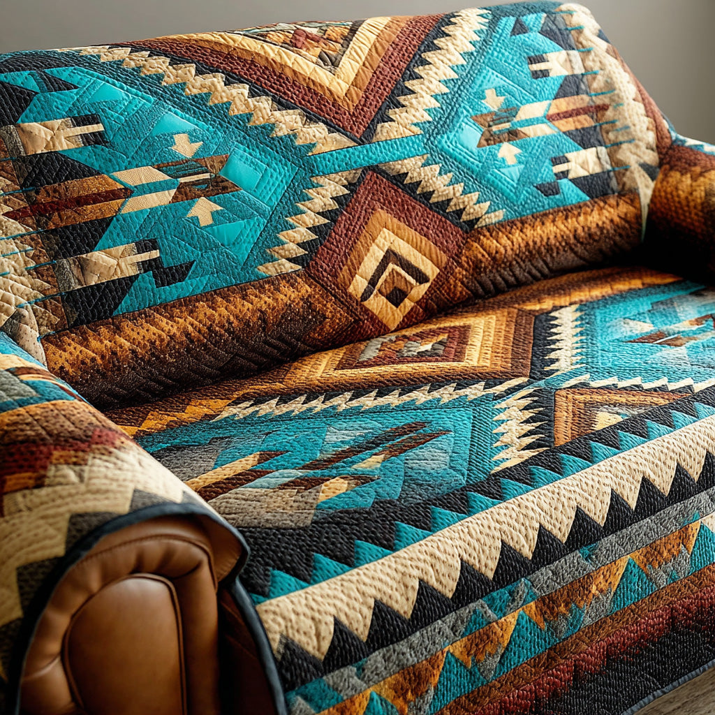 Desert Ridge quilted sofa cover with bold geometric diamonds and stepped arrows in turquoise, rust, chocolate and cream