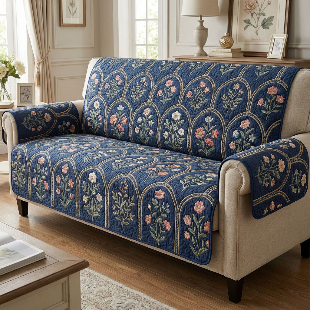 Indigo Arches quilted sofa cover – floral arches on indigo
