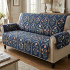 Indigo Arches quilted sofa cover – floral arches on indigo