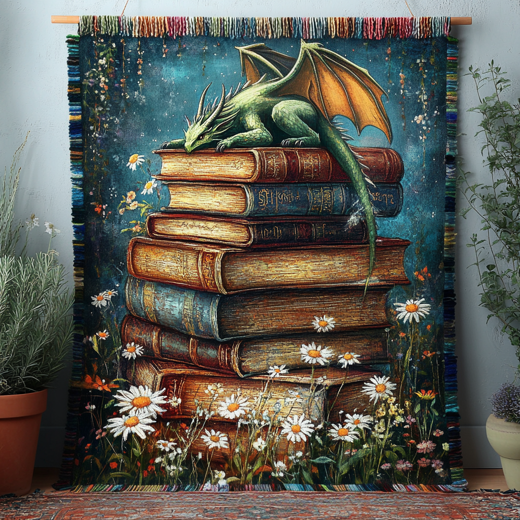 Little Dragon on Books quilted throw – little green dragon on a tall stack of books