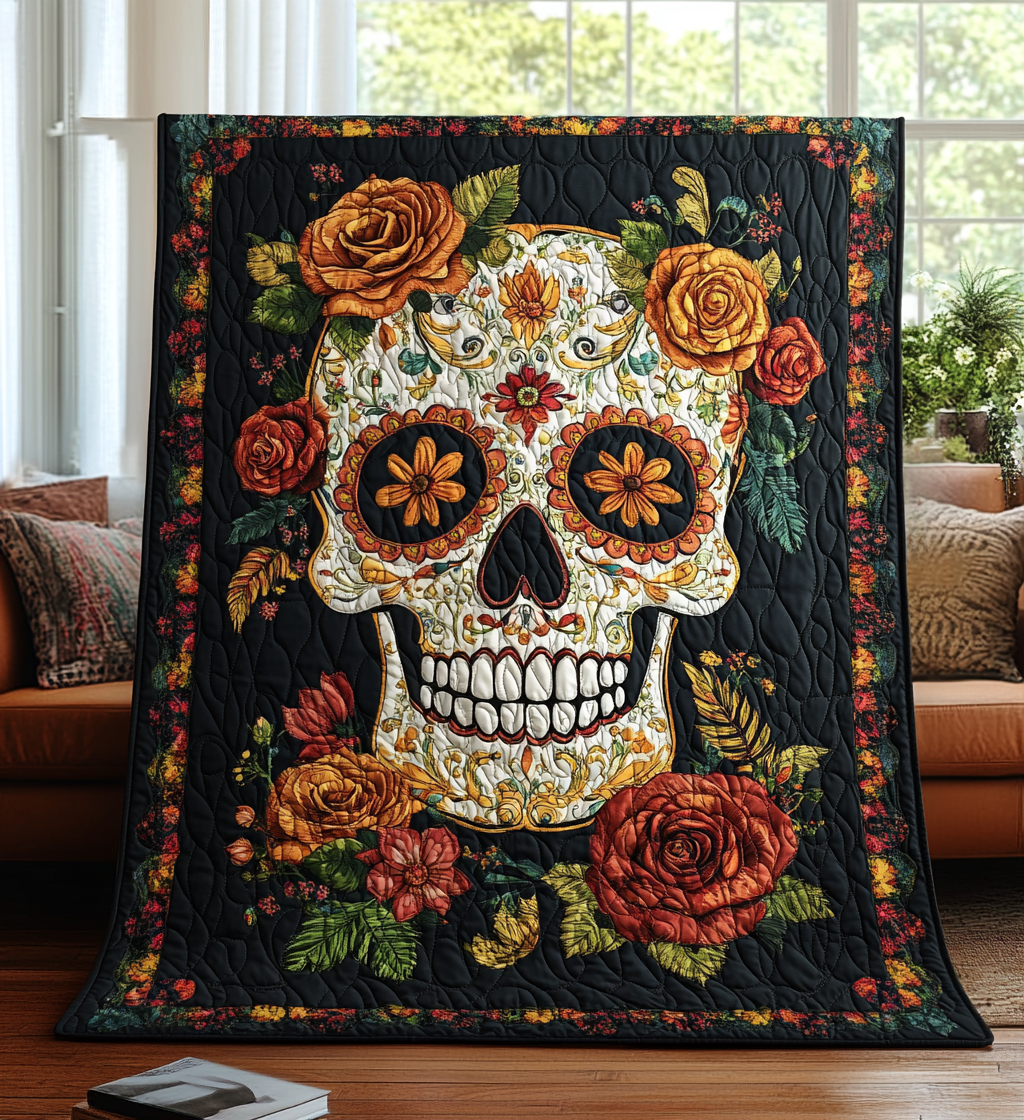 Sugar Skull and Roses quilted throw – sugar skull among orange roses on black