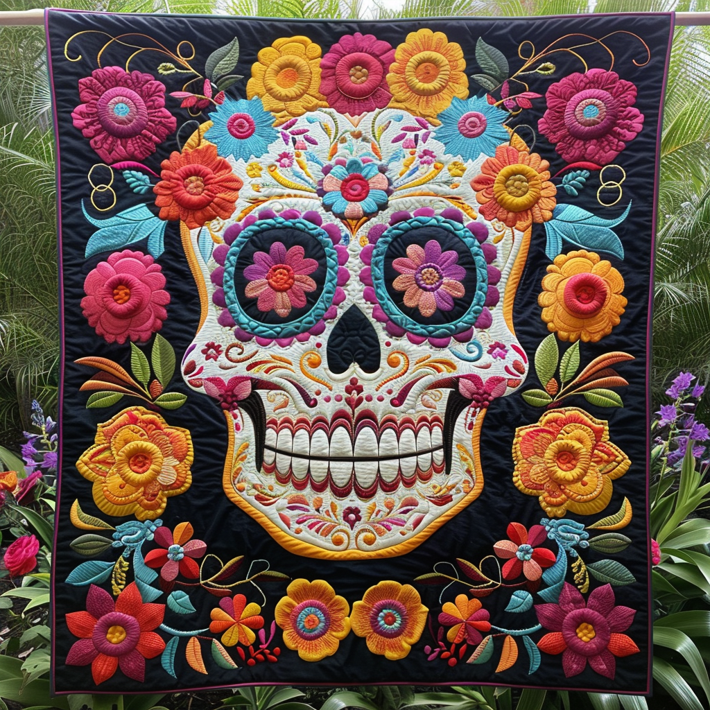 Flower Sugar Skull quilted throw – sugar skull decorated with bright flowers
