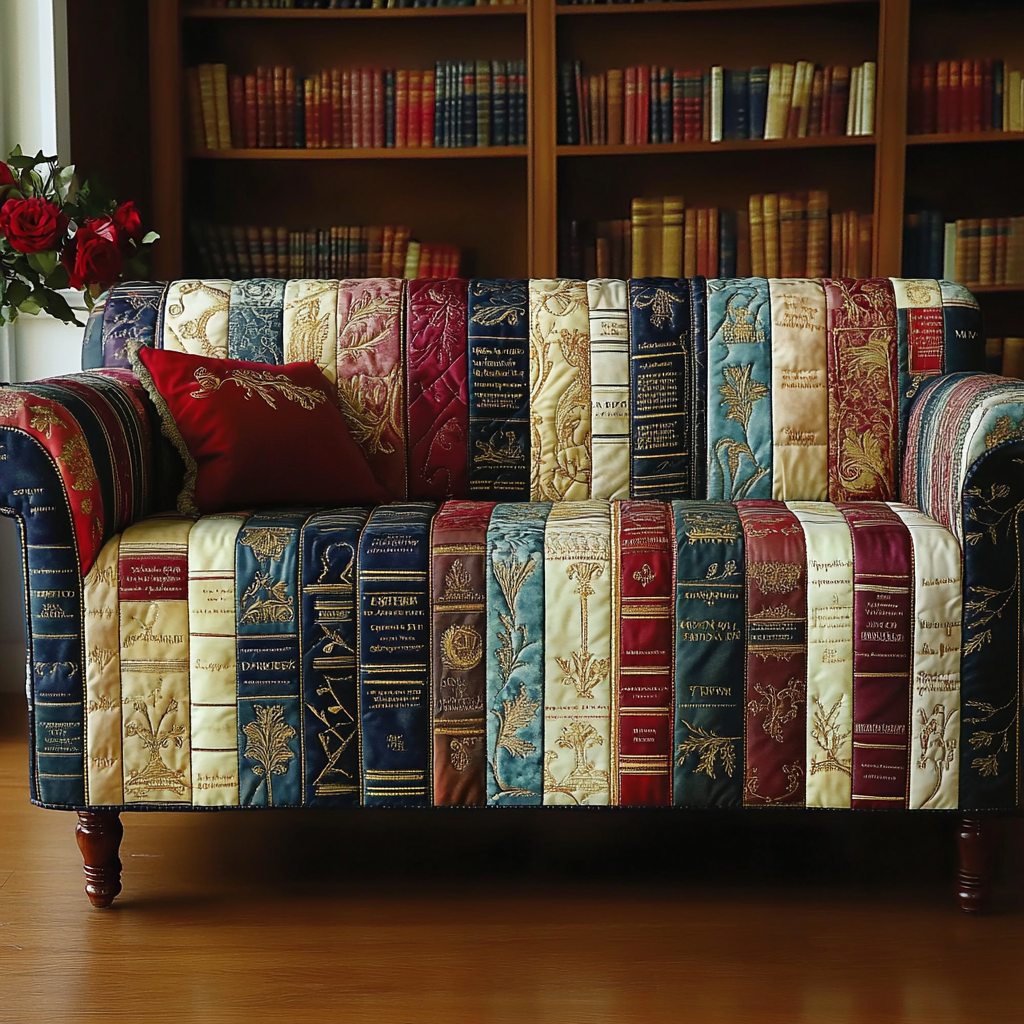 Storybook Spines quilted sofa cover – rows of colourful book spines