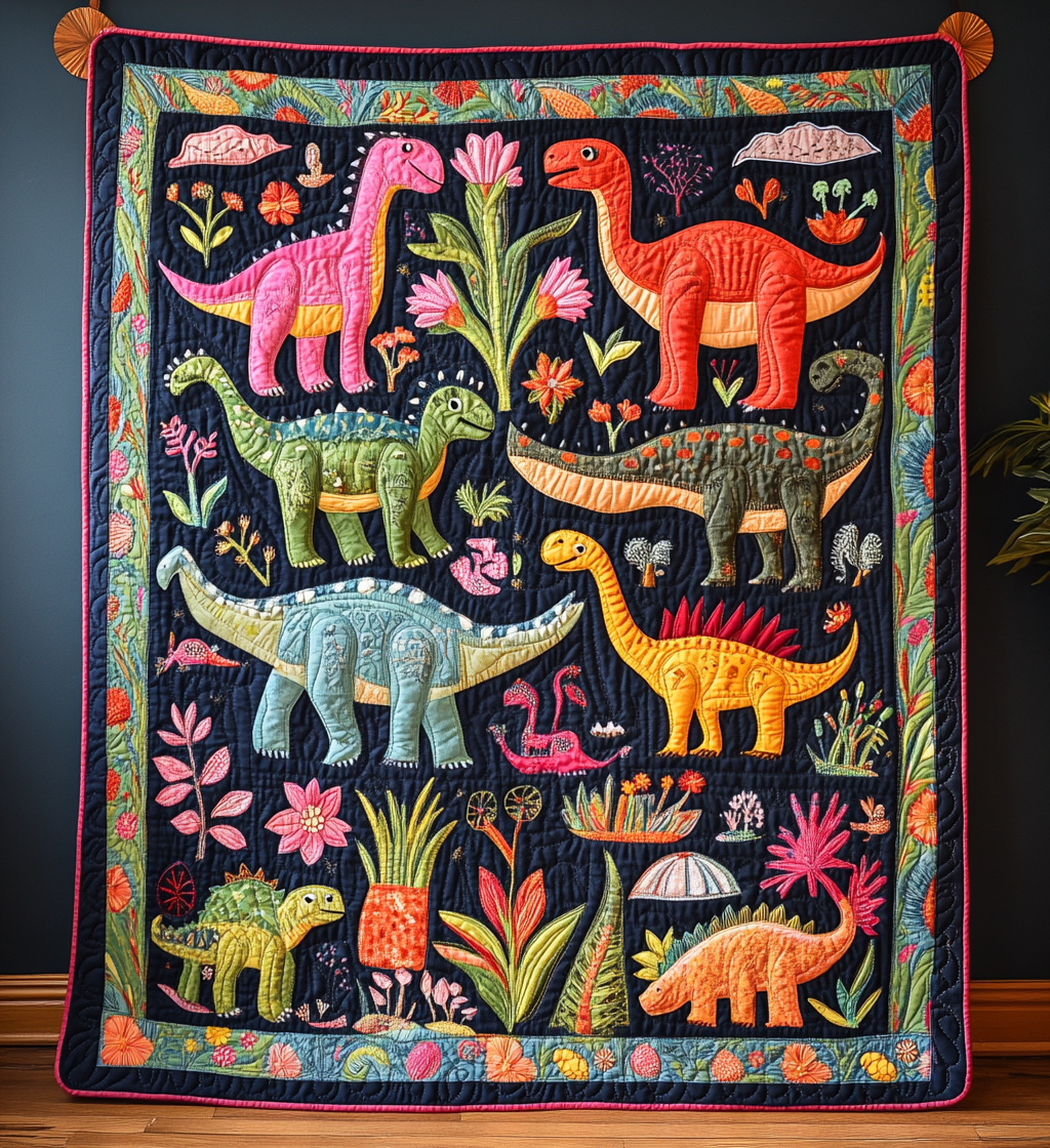 Dinosaur Garden art quilt – folk-art dinosaurs