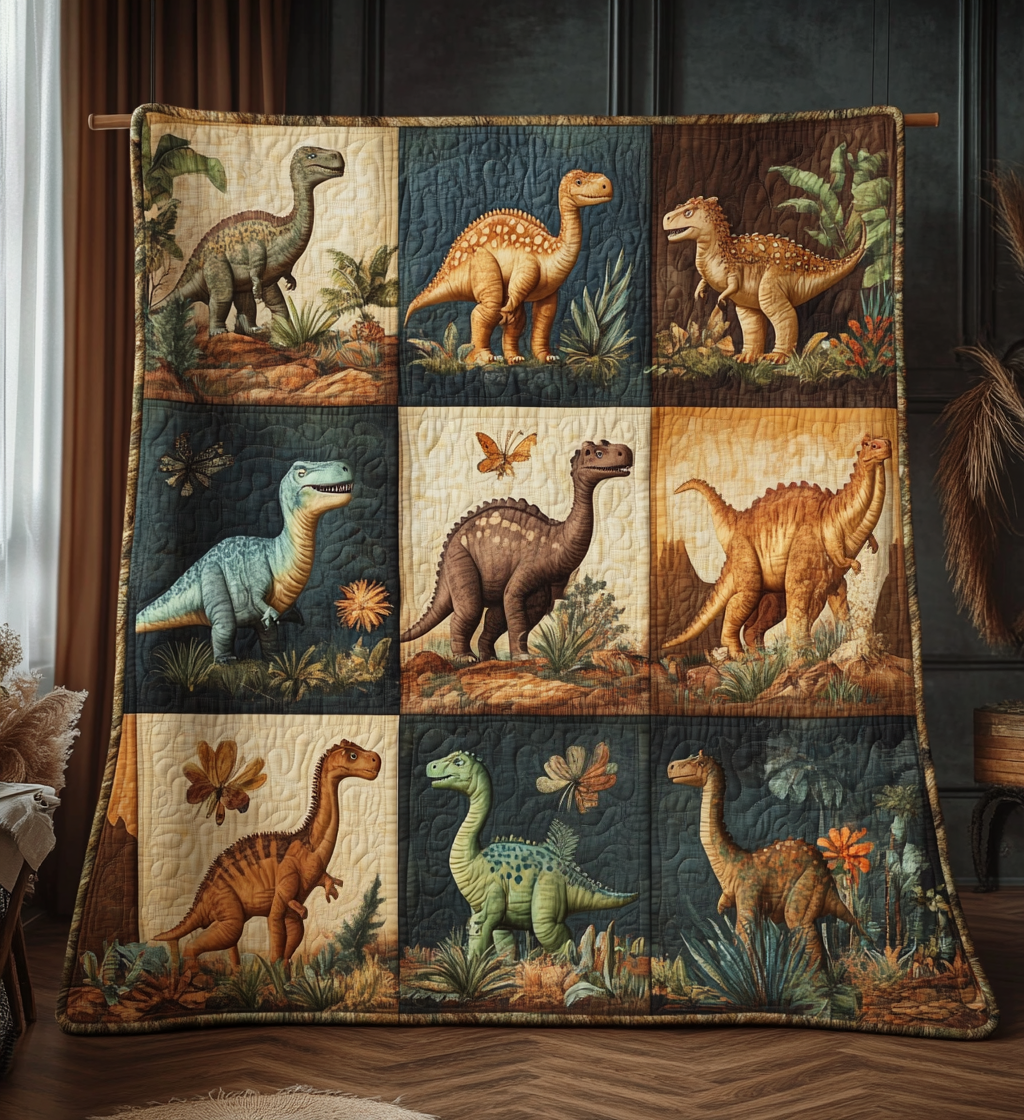 Dinosaur Squares art quilt – dinosaurs in squares