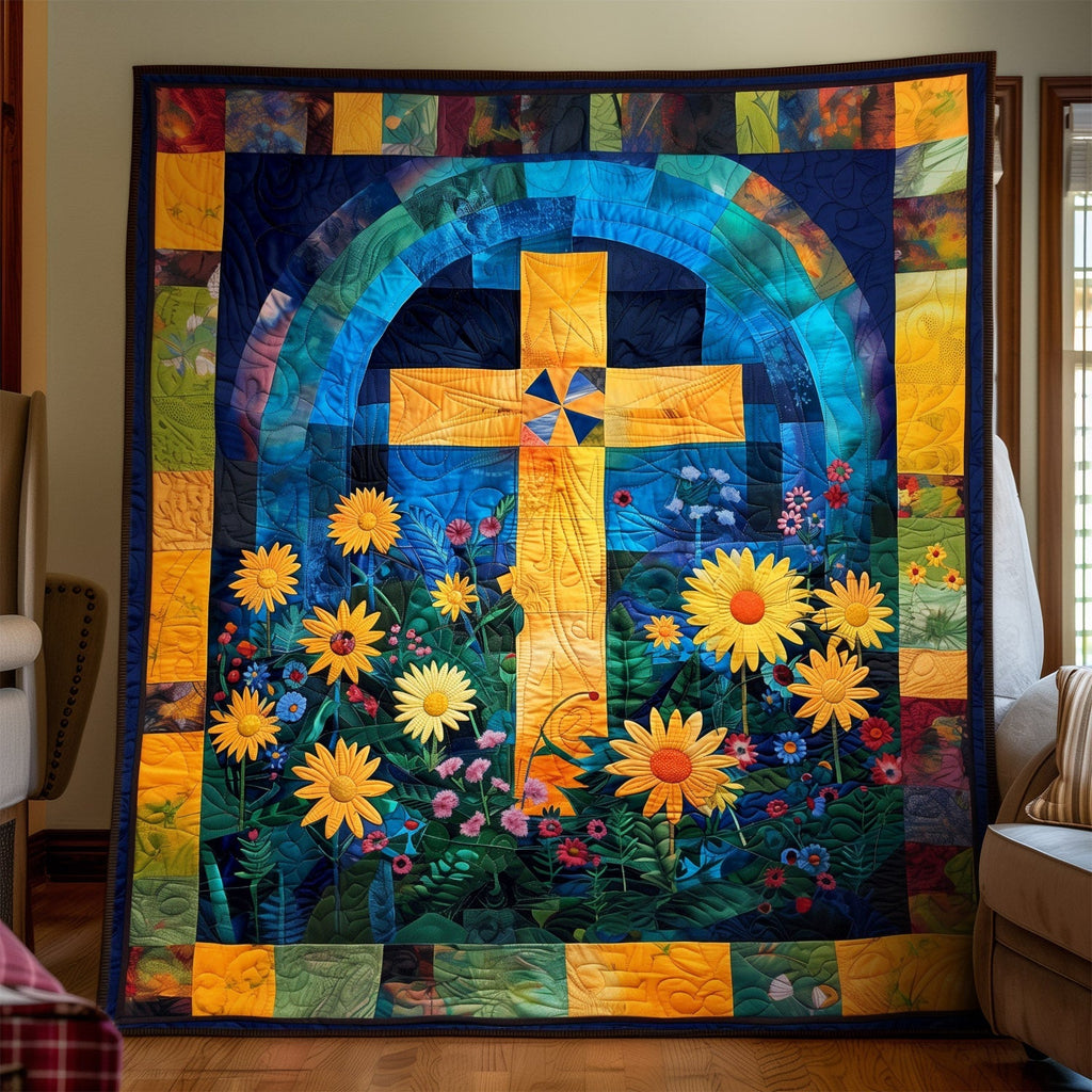 Arched Cross Garden art quilt – cross with flowers