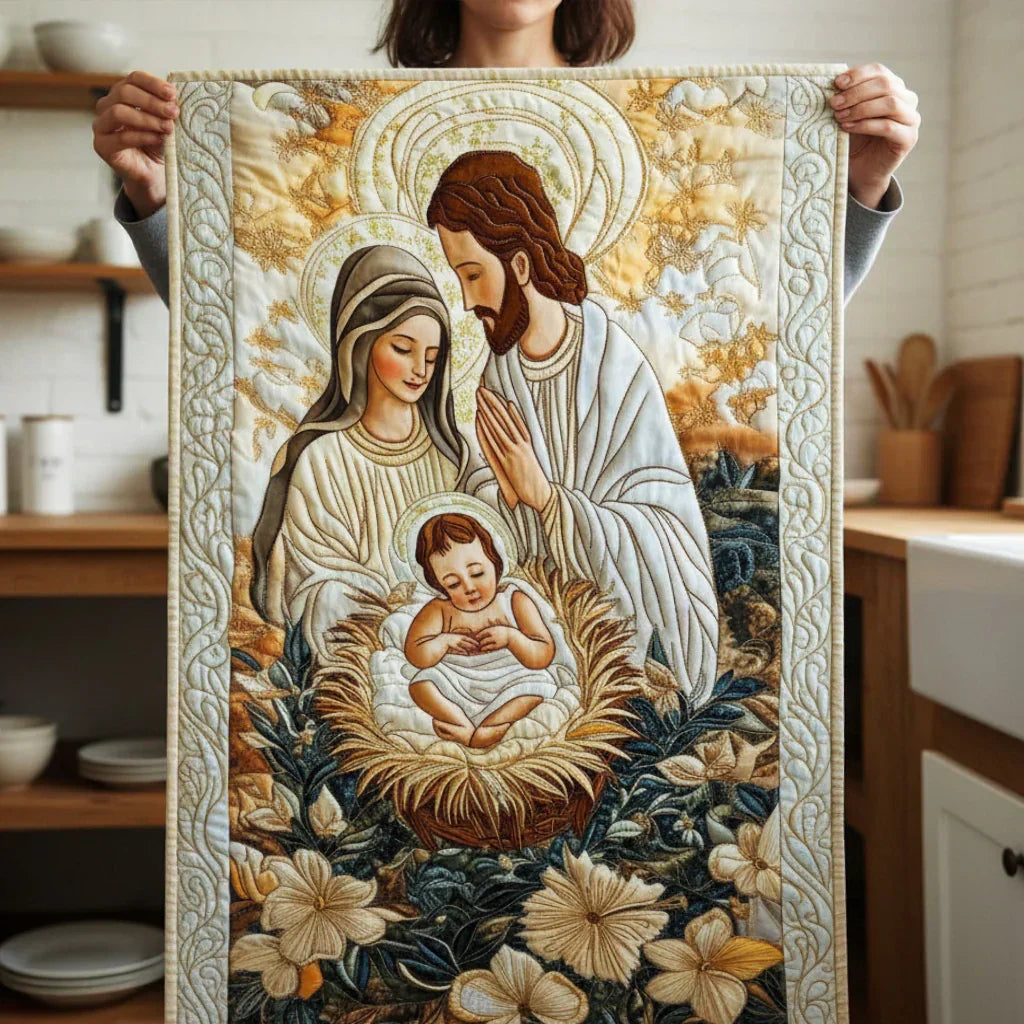 Nativity Manger quilted table runner laid down the centre of a dining table