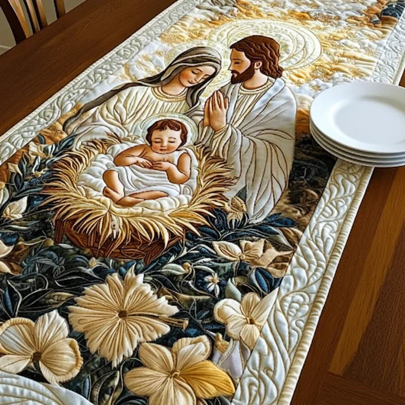 Close-up of the wave-stitch quilting on the Nativity Manger table runner
