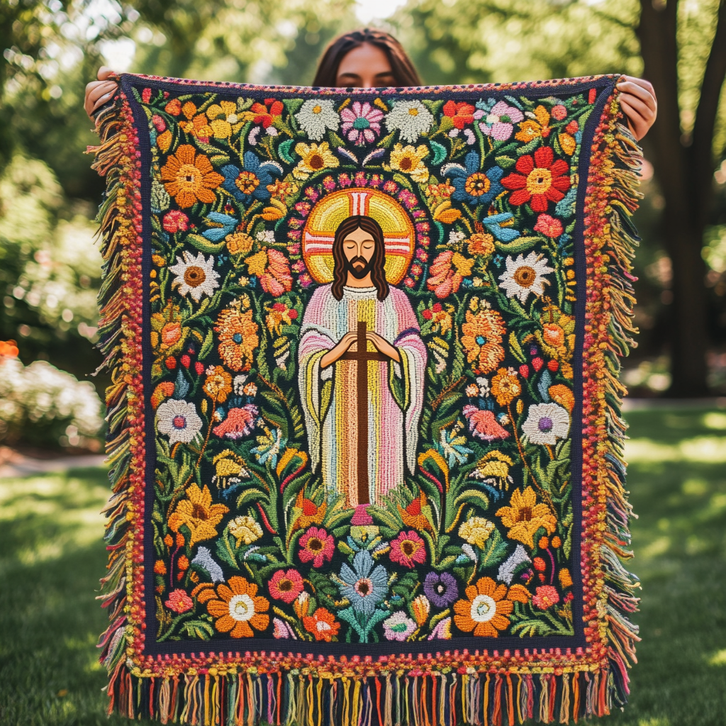 Garden of Grace woven sofa throw – christ among garden flowers