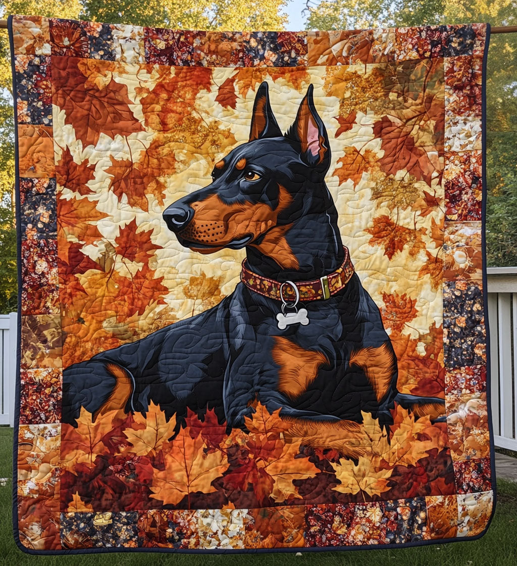 Doberman in Autumn quilted throw – doberman among autumn leaves