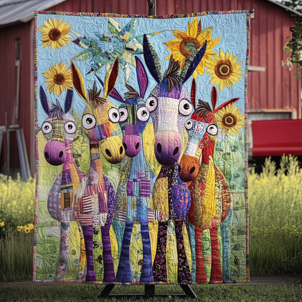 Cheeky Donkeys quilted throw – wide-eyed donkeys with sunflowers