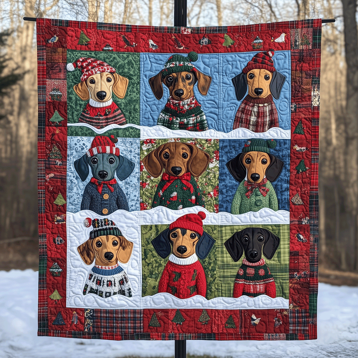 Dachshund Snow Grid art quilt – dachshunds in snowy squares