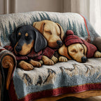 Sleepy Puppies quilted sofa cover – puppies snuggled under a blanket
