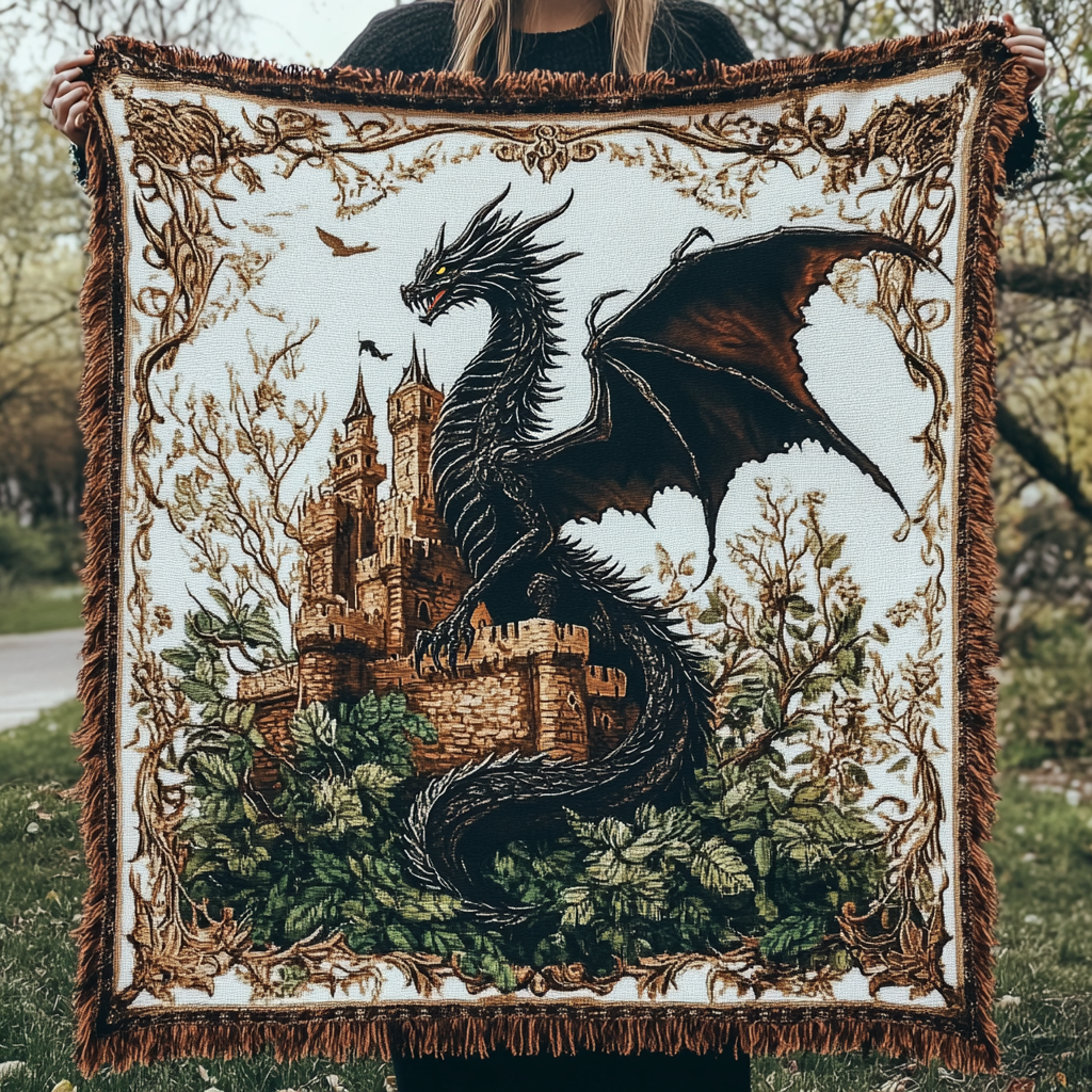 Dragon Fortress woven sofa throw – black dragon around a castle