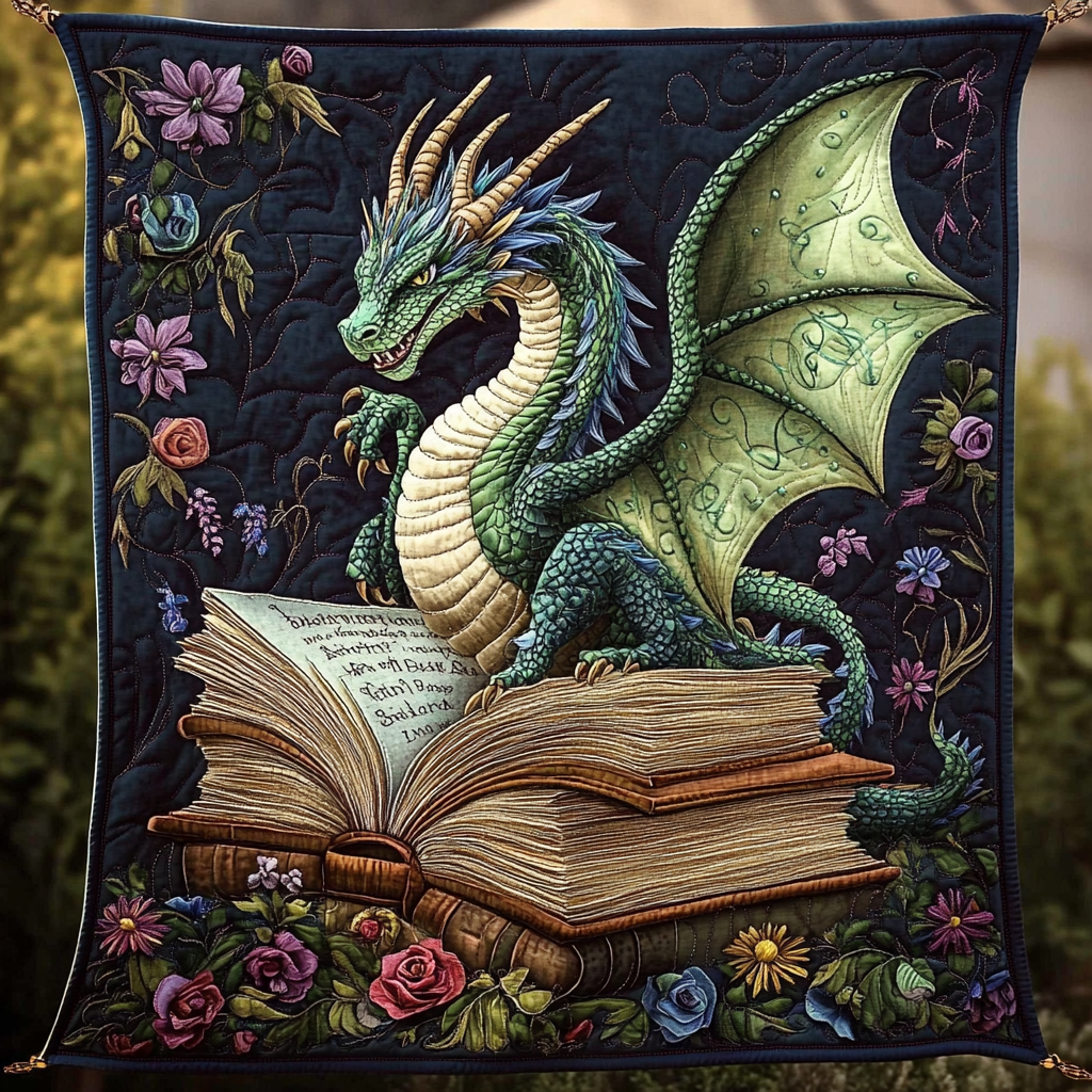 Dragon Storyteller quilted throw – green dragon with an open book among flowers