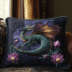 Green Dragon and Lotus quilted pillowcase – green dragon among pink lotus flowers