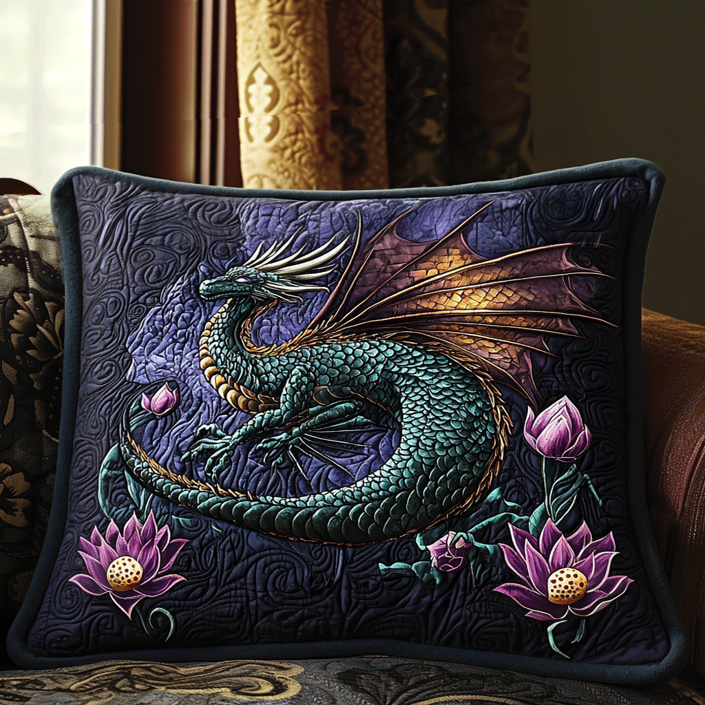 Green Dragon and Lotus quilted pillowcase – green dragon among pink lotus flowers