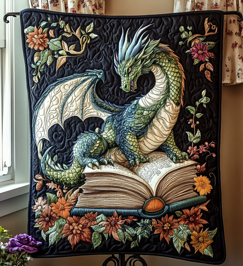 Two Dragons Reading quilted throw – two dragons around an open book