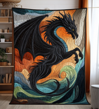 Black Dragon Waves quilted throw – black dragon over swirling waves