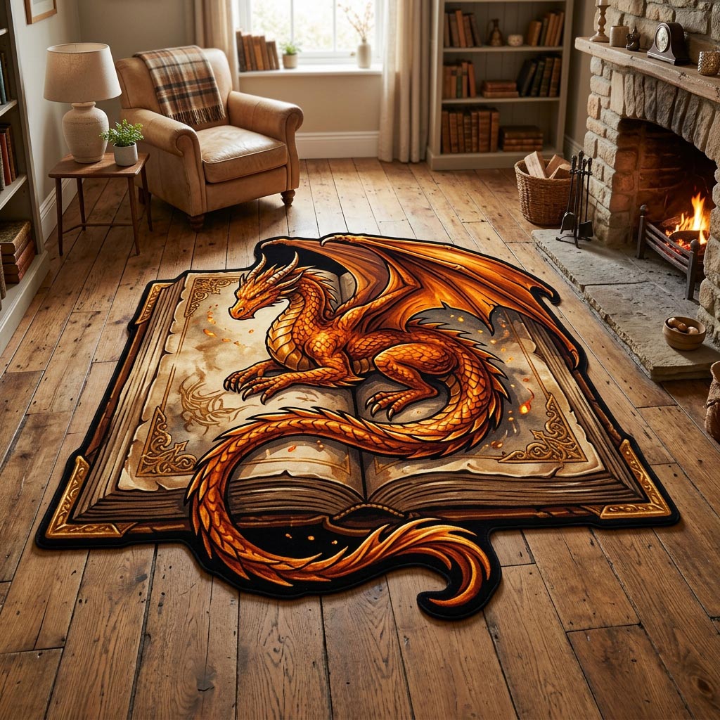 Dragon Archive shaped rug – dragon on an open book