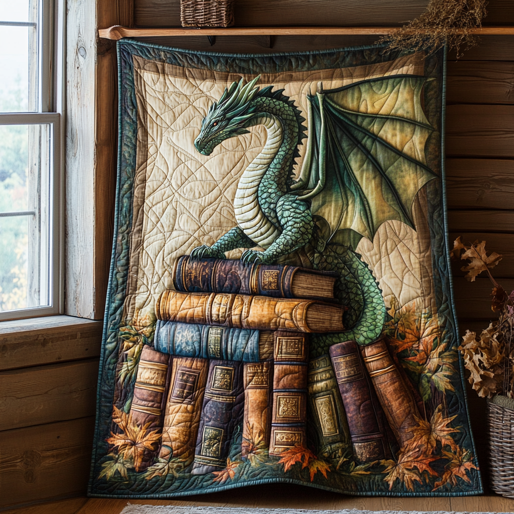 Autumn Dragon and Books quilted throw – green dragon on books with autumn leaves