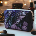 Dragon Blossom quilted make-up bag with dark purple dragon curled among lavender roses on black
