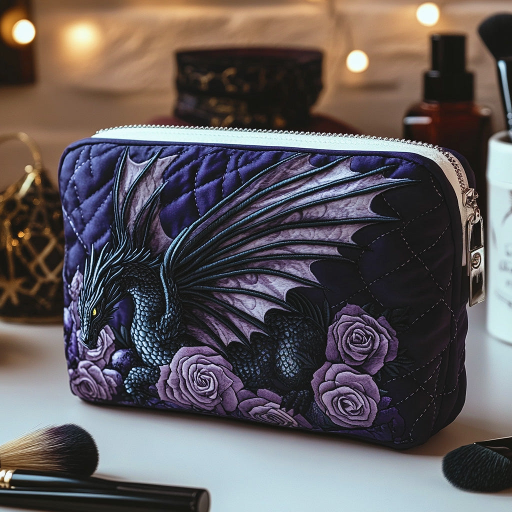 Dragon Blossom quilted make-up bag with dark purple dragon curled among lavender roses on black