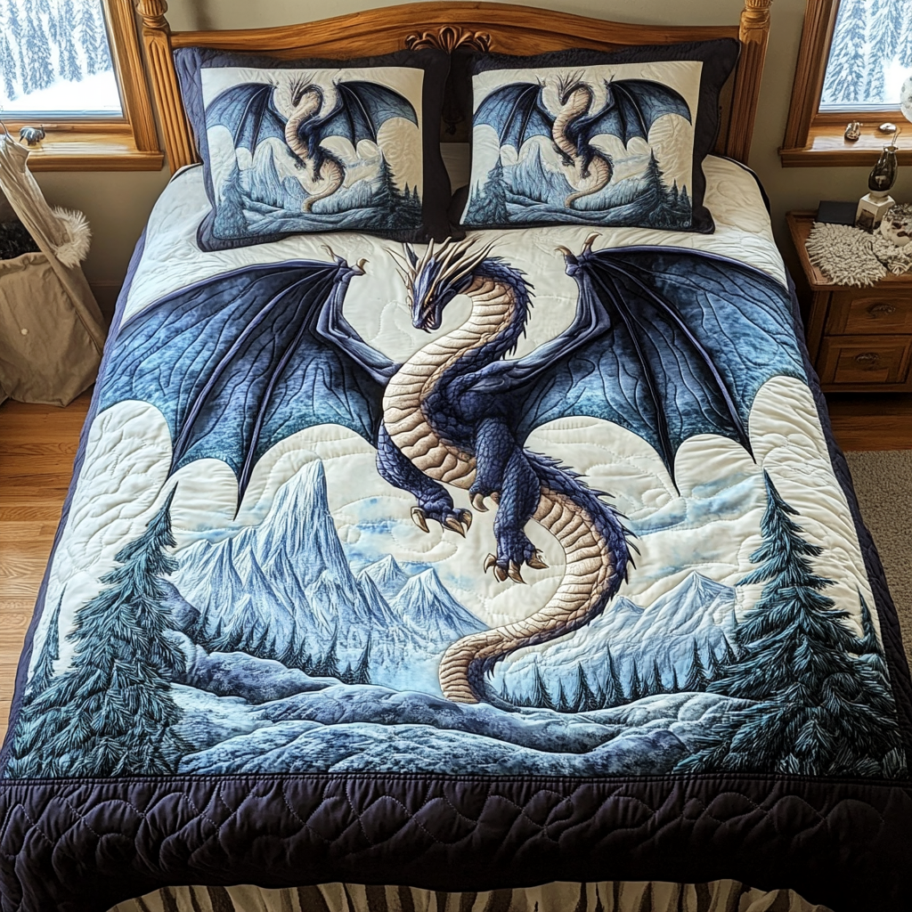 Ice Dragon quilted bedspread set – blue and white dragon over snowy mountains
