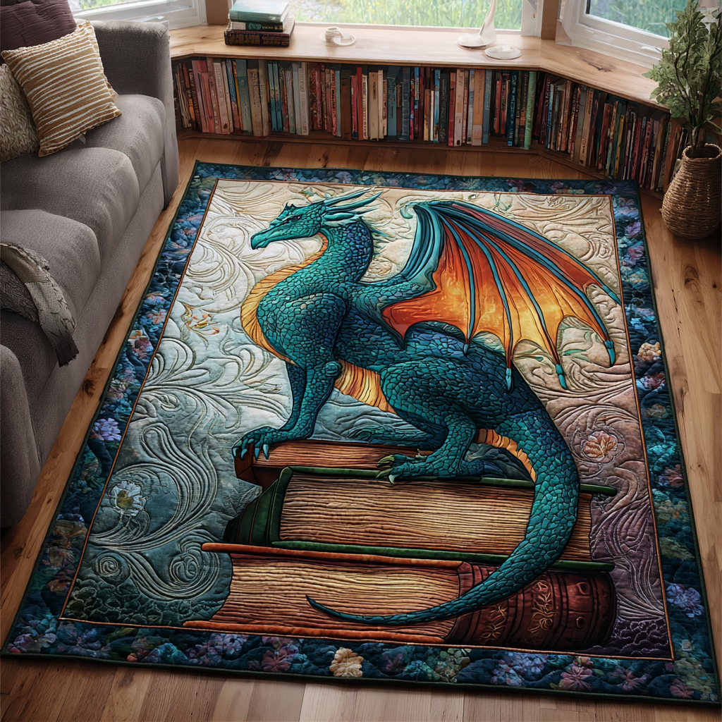 Dragon Flame rug – teal dragon on books