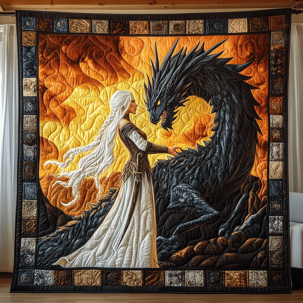 Dragon and Maiden quilted throw – maiden and black dragon against a golden sky