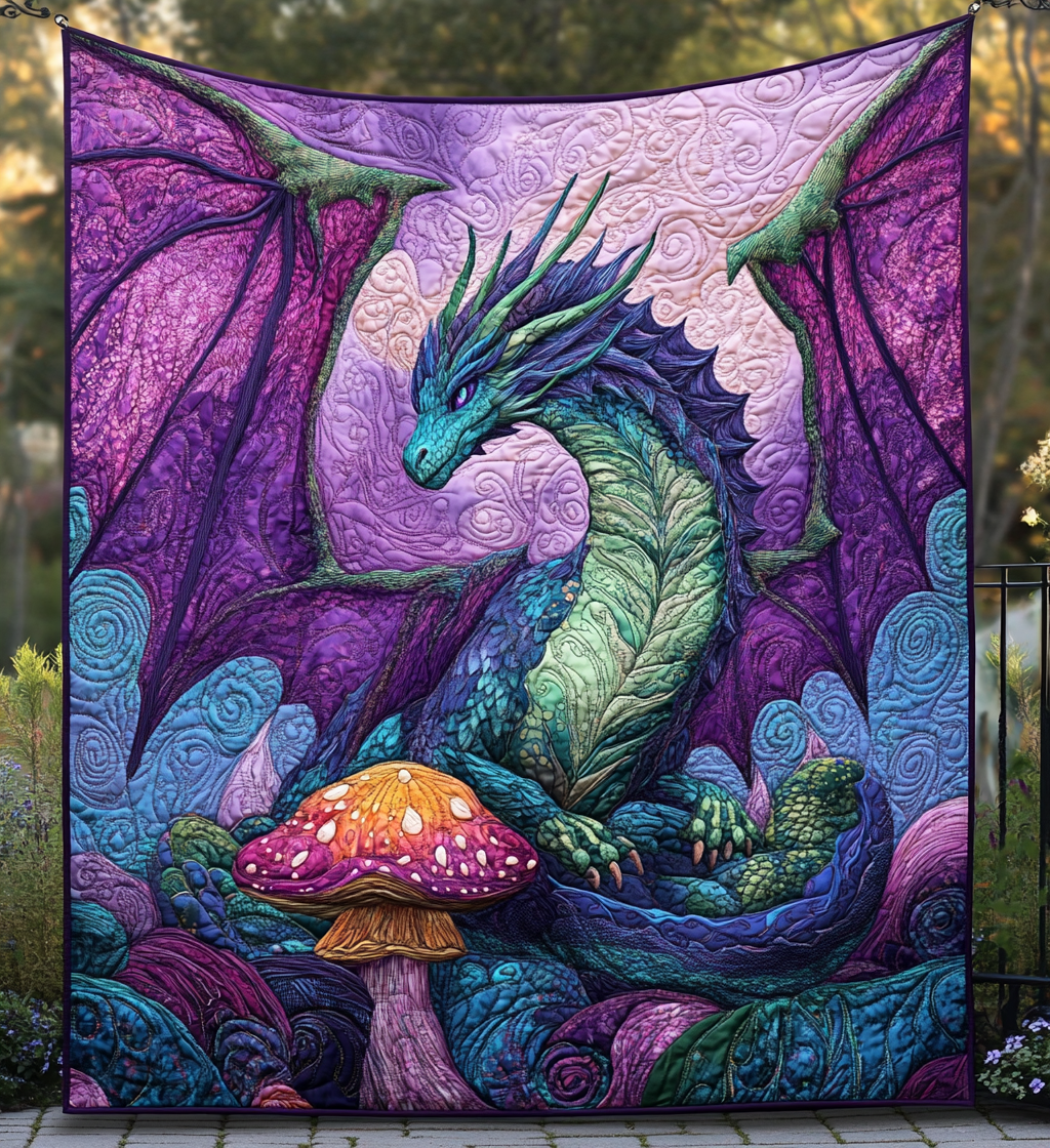 Dragon and Toadstool quilted throw – dragon beside a spotted toadstool