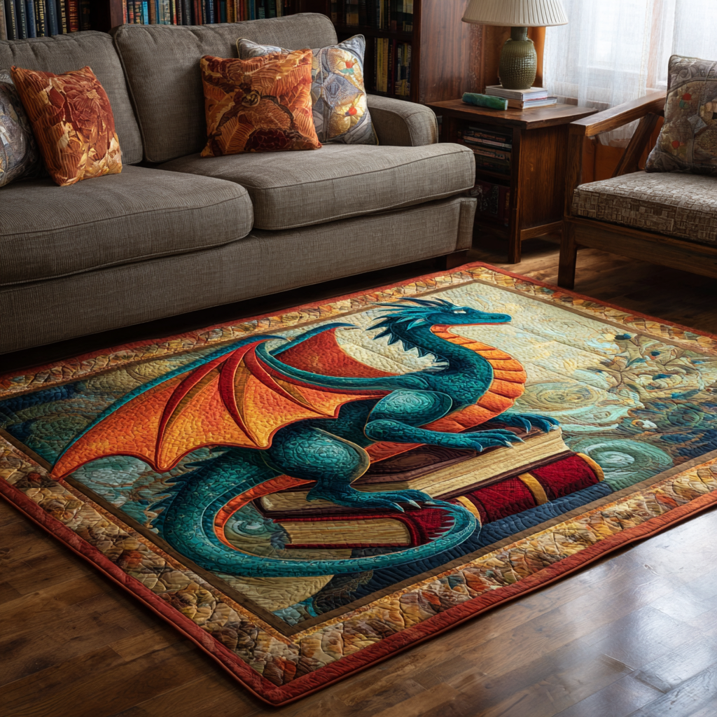 Dragon Realm rug – dragon on a book stack