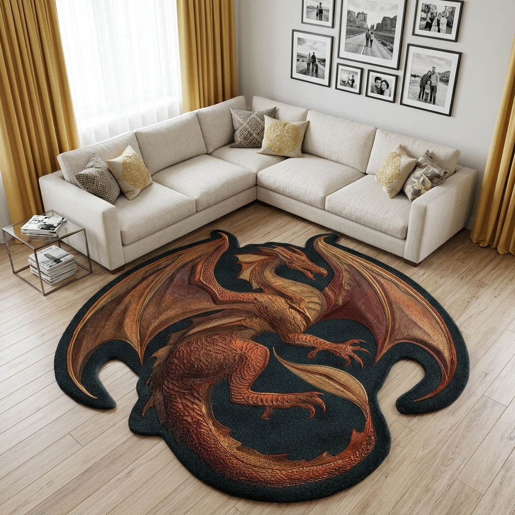 Dragon Realm Coil shaped rug – coiled bronze dragon