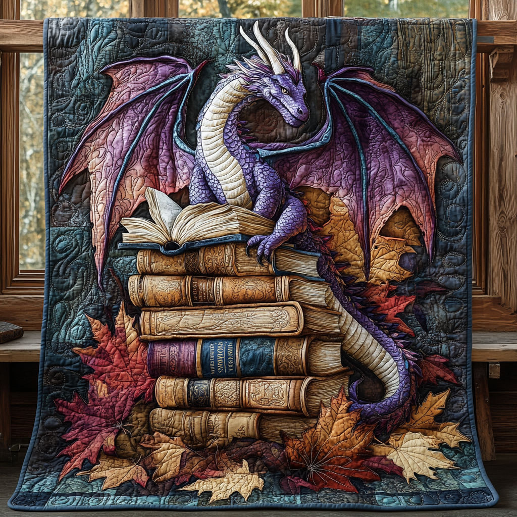 Violet Dragon on Books quilted throw – violet dragon on a pile of books