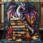 Violet Dragon on Books quilted throw – violet dragon on a pile of books