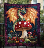 Golden Wing Dragon quilted throw – golden-winged dragon on a red toadstool