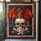 Dragon and Skull quilted throw – red dragon on a skull and crossbones