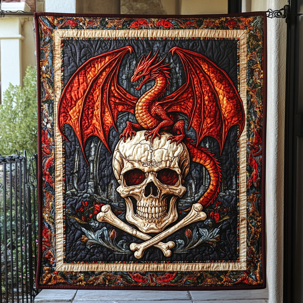 Dragon and Skull quilted throw – red dragon on a skull and crossbones