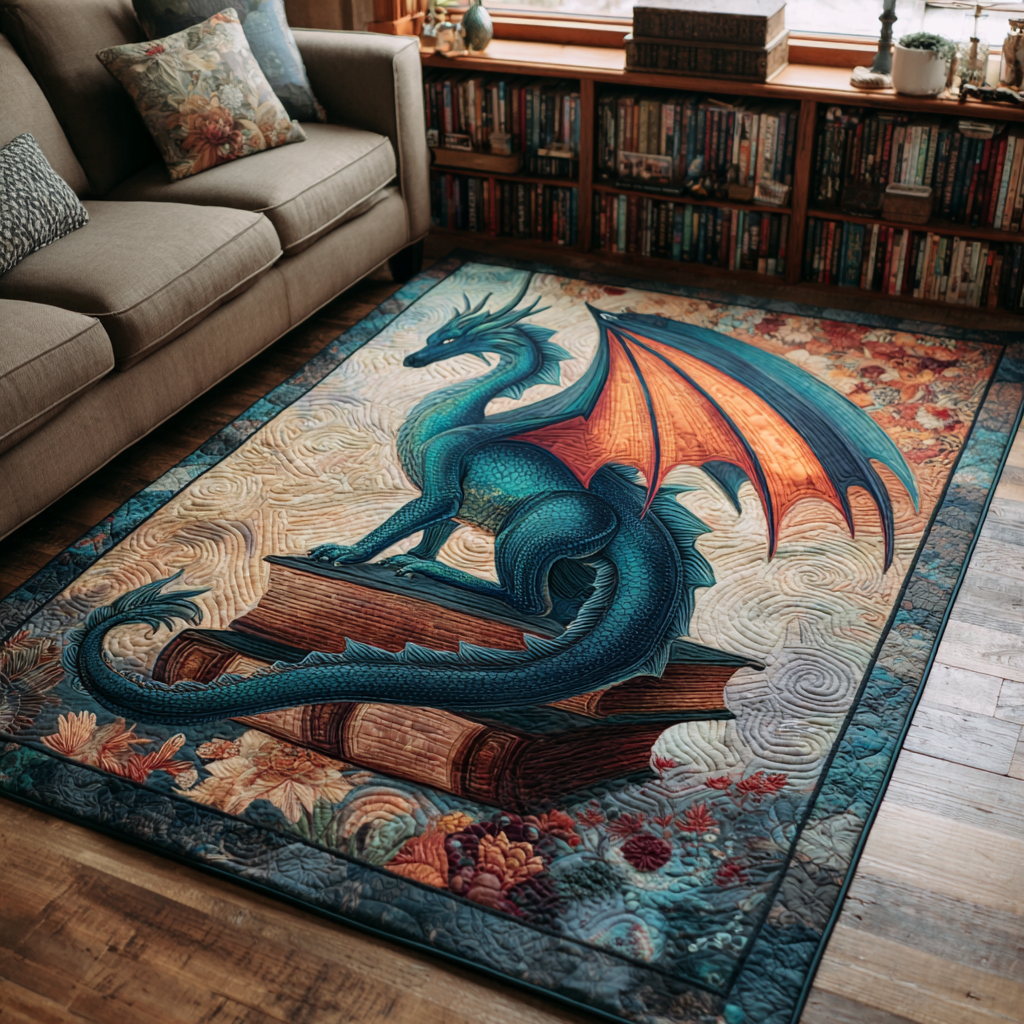 Dragon Spirit rug – dragon on books at sunset