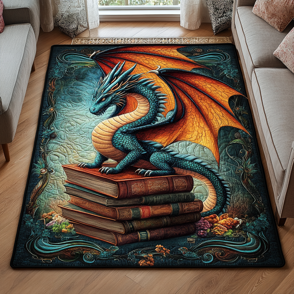 Dragon Stone rug – dragon on books on teal