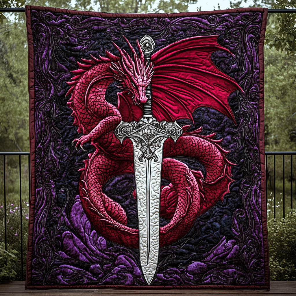 Dragon and Sword quilted throw – red dragon coiled around a silver sword