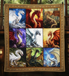 Dragon Gallery quilted throw – nine dragons in gilded squares