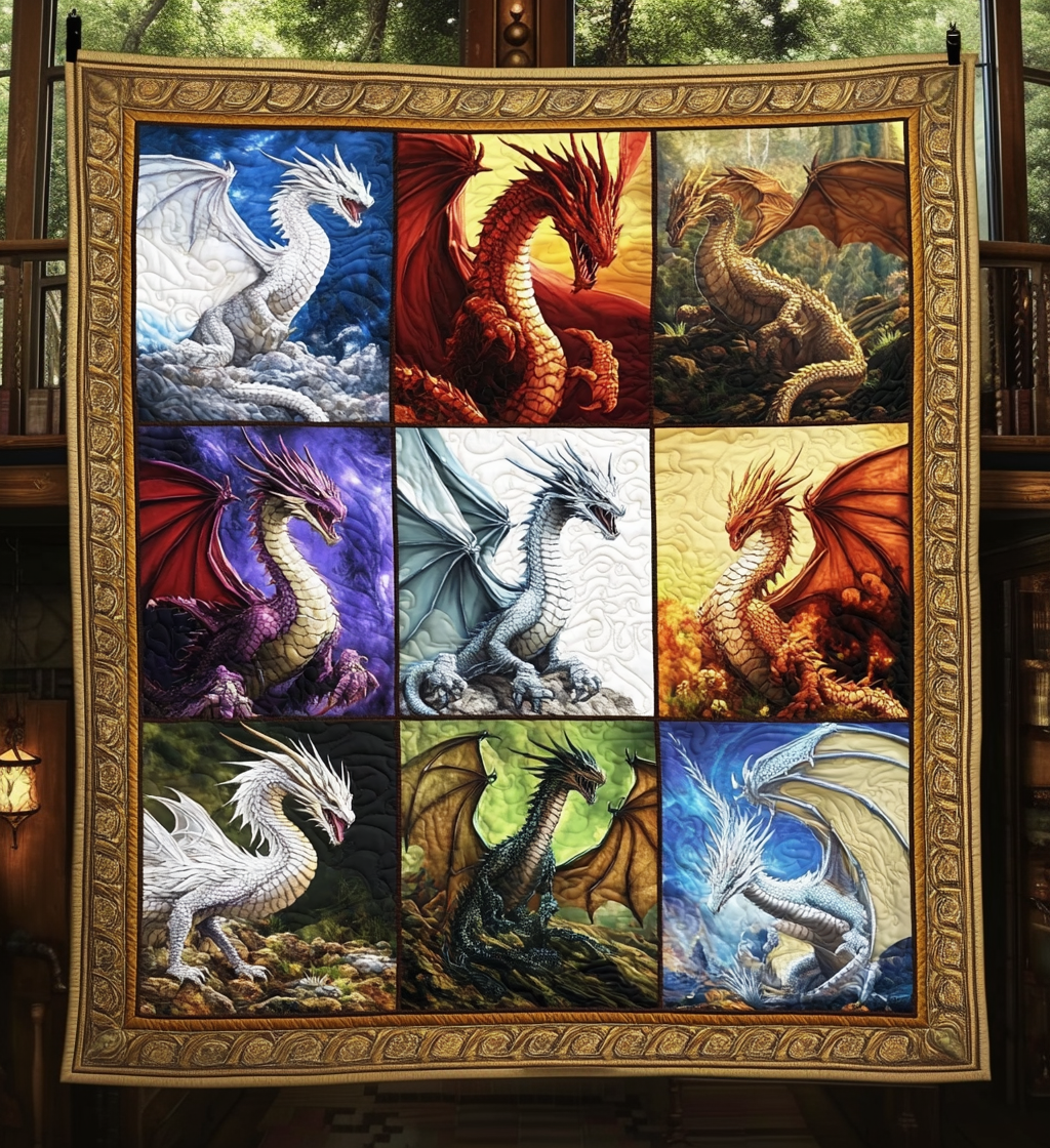 Dragon Gallery quilted throw – nine dragons in gilded squares