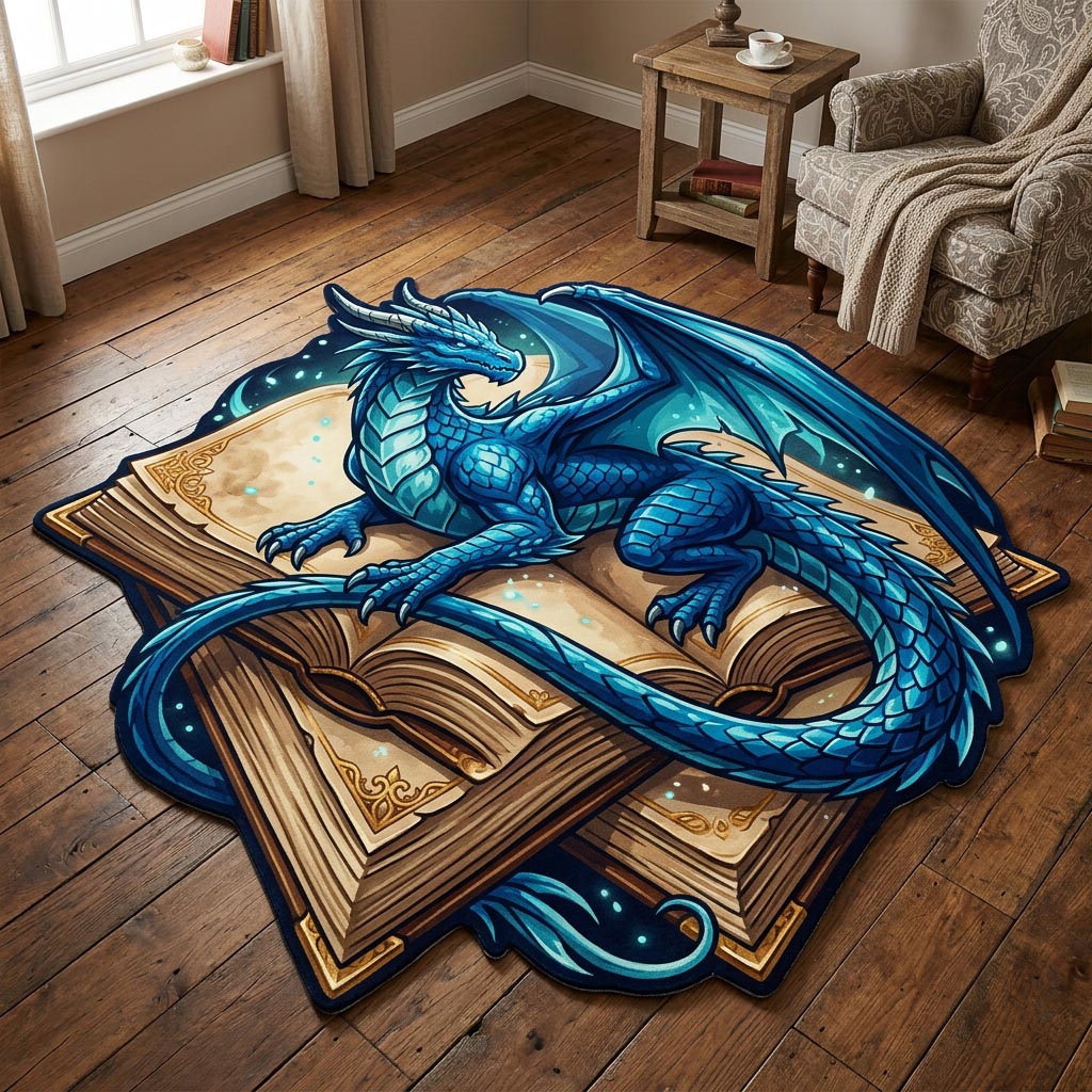 Dragon Tome shaped rug – blue dragon on books